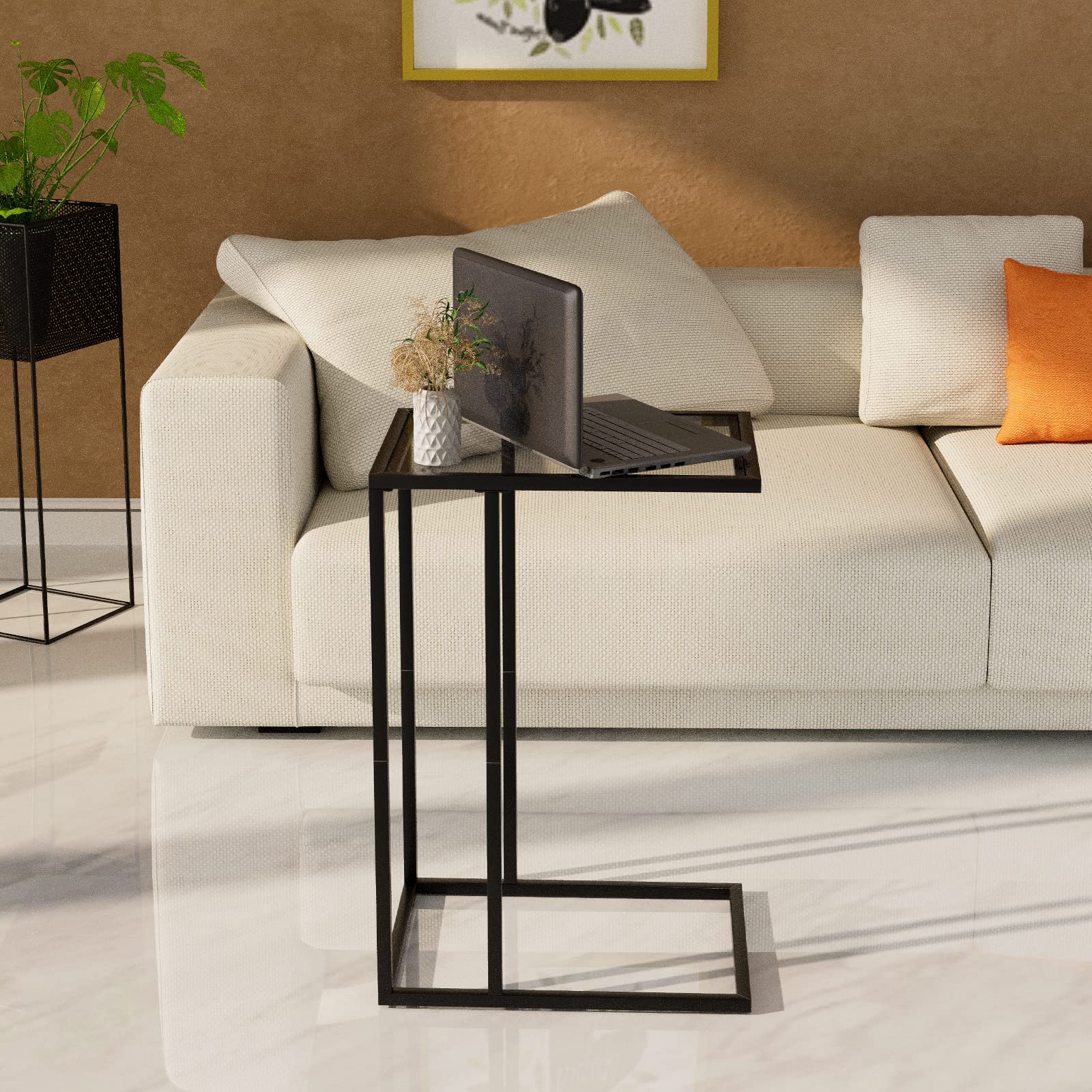 C Shaped End Table Set of 2, Sofa Couch Side Table, Tempered Glass Snack TV Tray Table with Metal Frame for Small Space,Living Room, Bedroom, Bedside,Modern Style, Black,2PCS