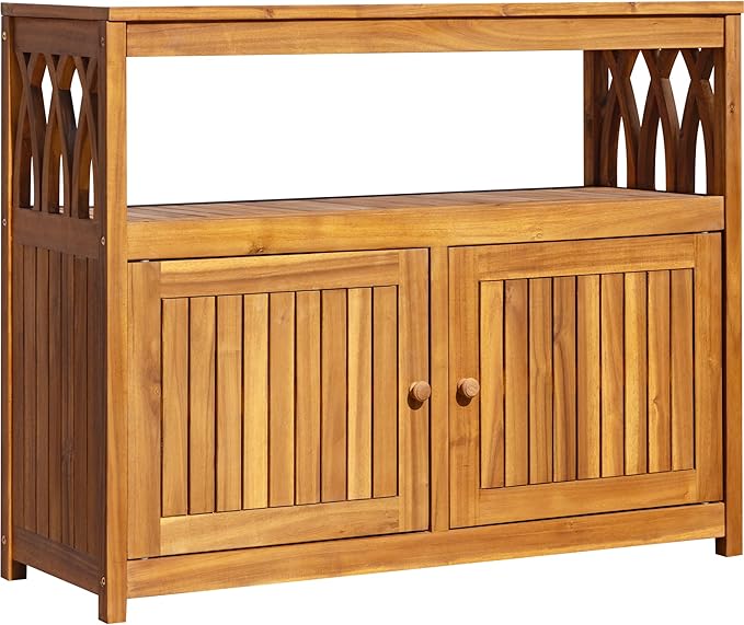 2-Tier Acacia Wood Outdoor Storage Cabinet with Magnetic Doors