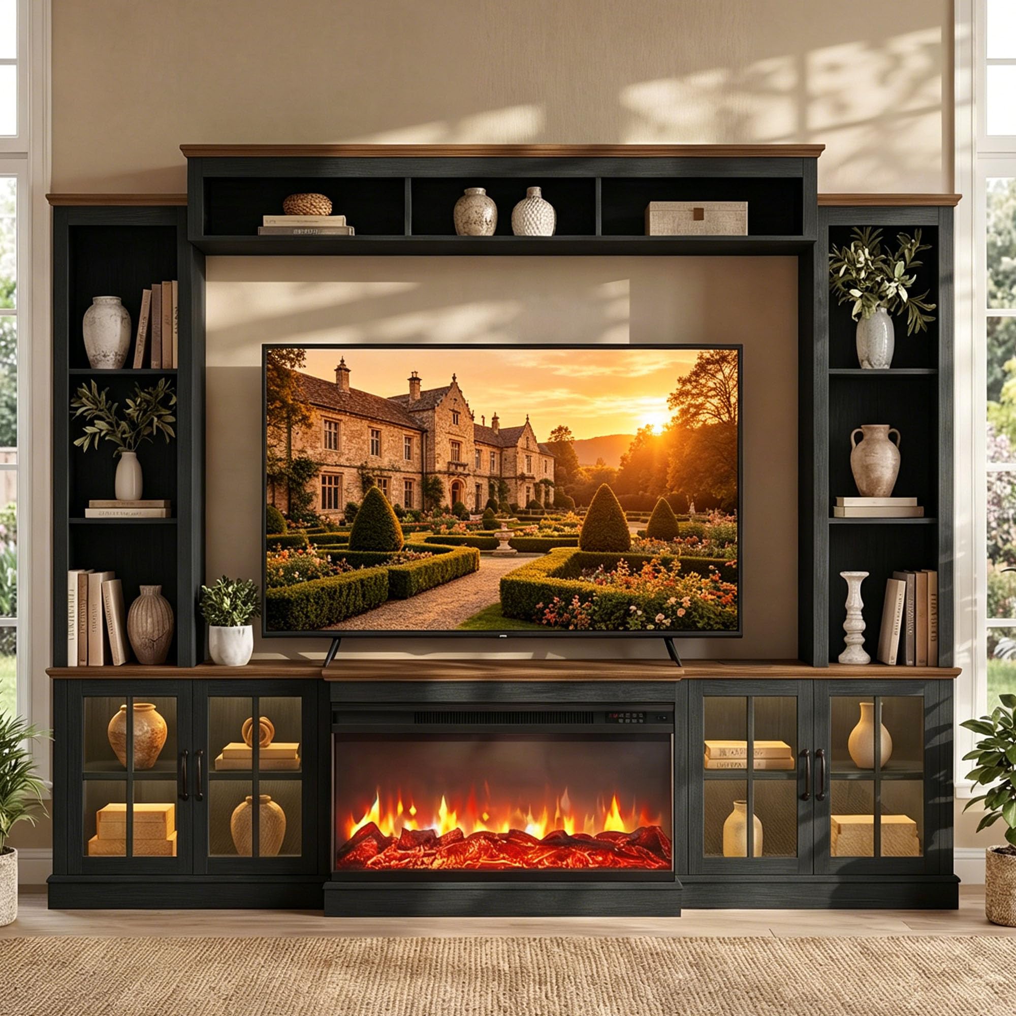 Nordivale 98" Farmhouse Fireplace TV Stand Entertainment Center with Bookshelf, Wall Unit Media Console with Power Outlets & Barn Doors, Fits TVs up to 75" for Living Room, Black