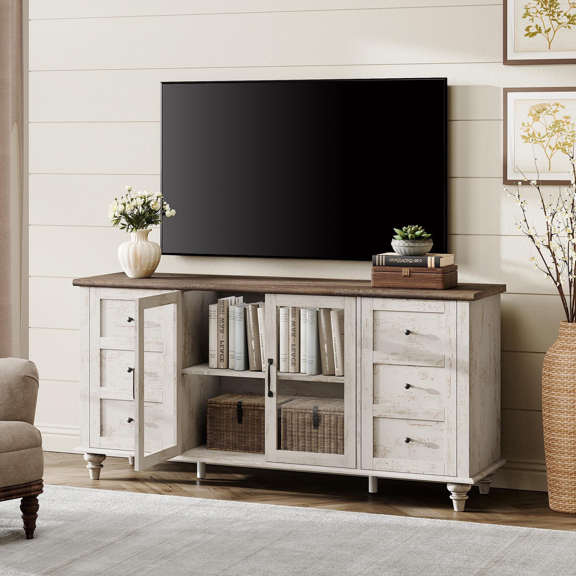 58" Farmhouse TV Stand with Glass Doors & Adjustable Shelf