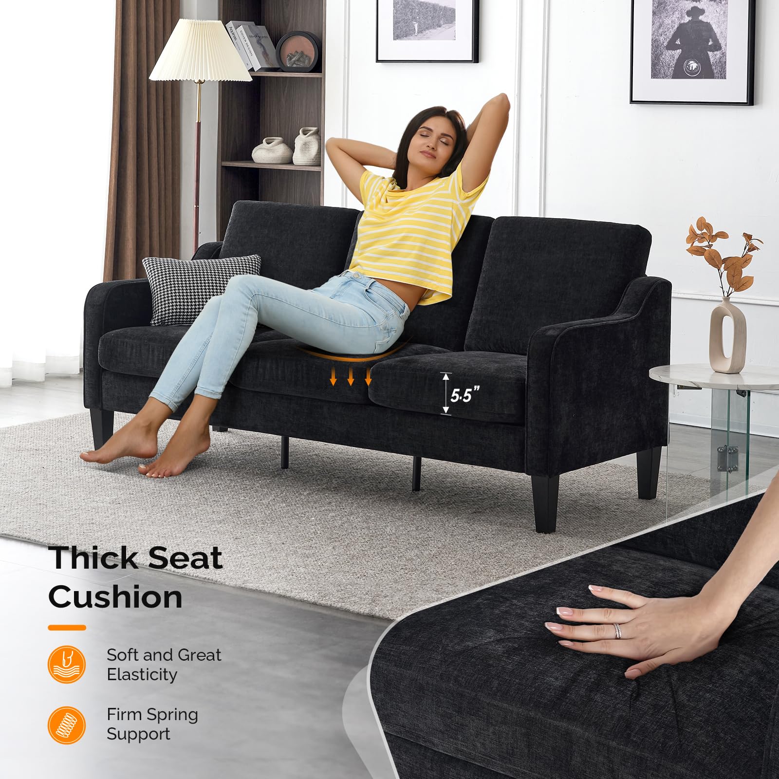 VINGLI Loveseat Sofa Set for Living Room, Mid-Century Modern Couch and Love Seat Set,53" Loveseat+71" Small Couch for Bedroom Sofa Furniture for Small Spaces Apartment (Black)