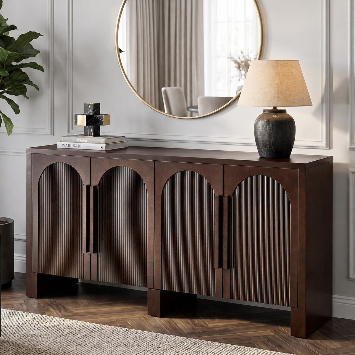 60"Modern Sideboard Cabinet with Storage,Solid Wood Arched Buffet Cabinet