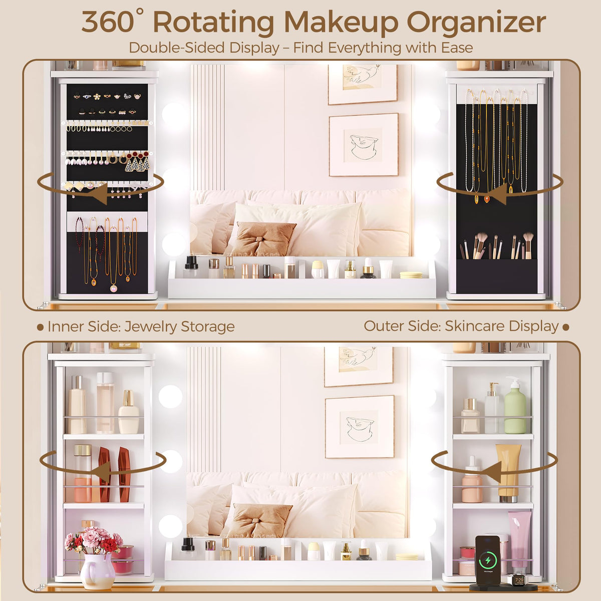 YUNSCEND Makeup Vanity Desk with Mirror and Lights, 360° Rotating Organizer