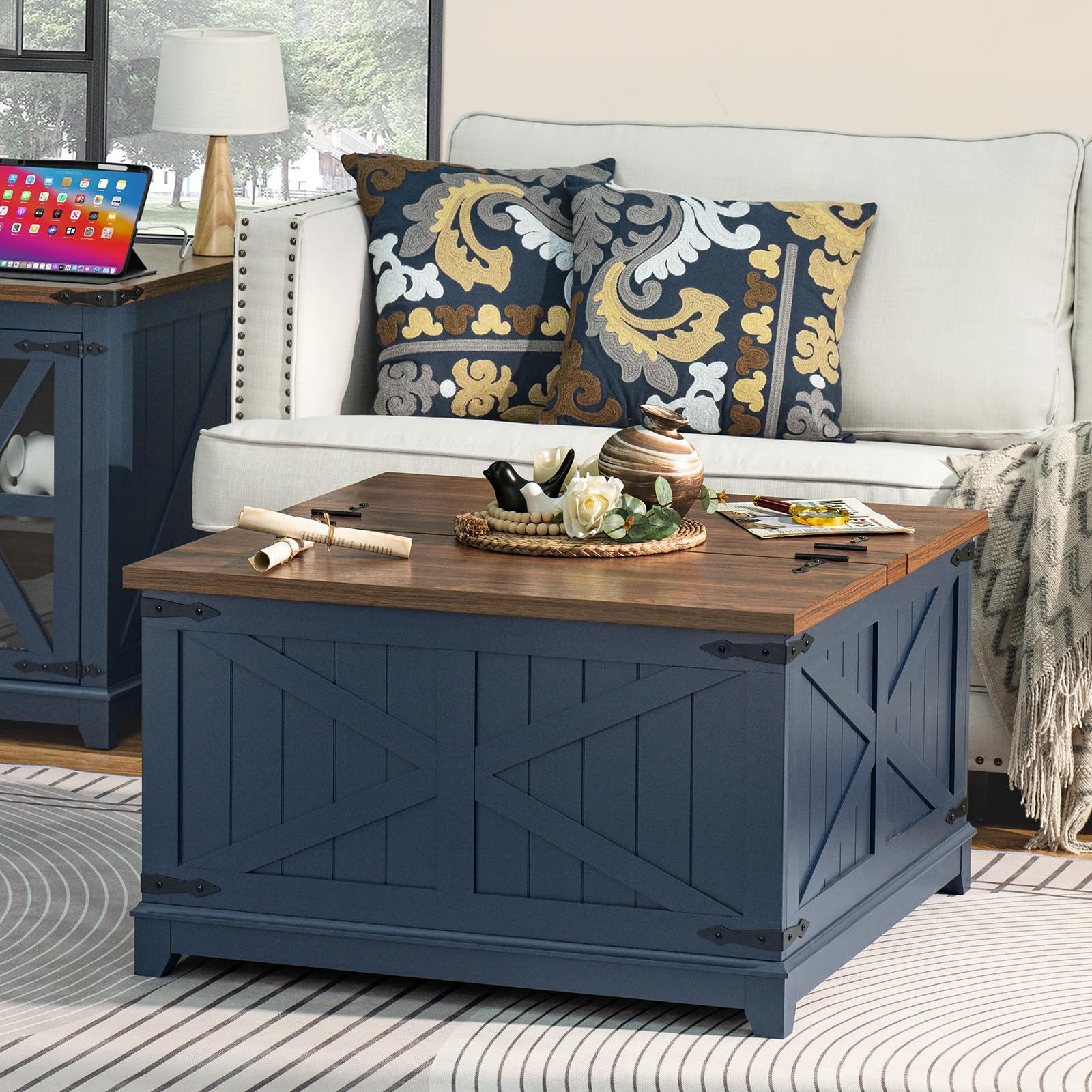 Farmhouse Coffee Table Set with Nightstands & Hidden Storage
