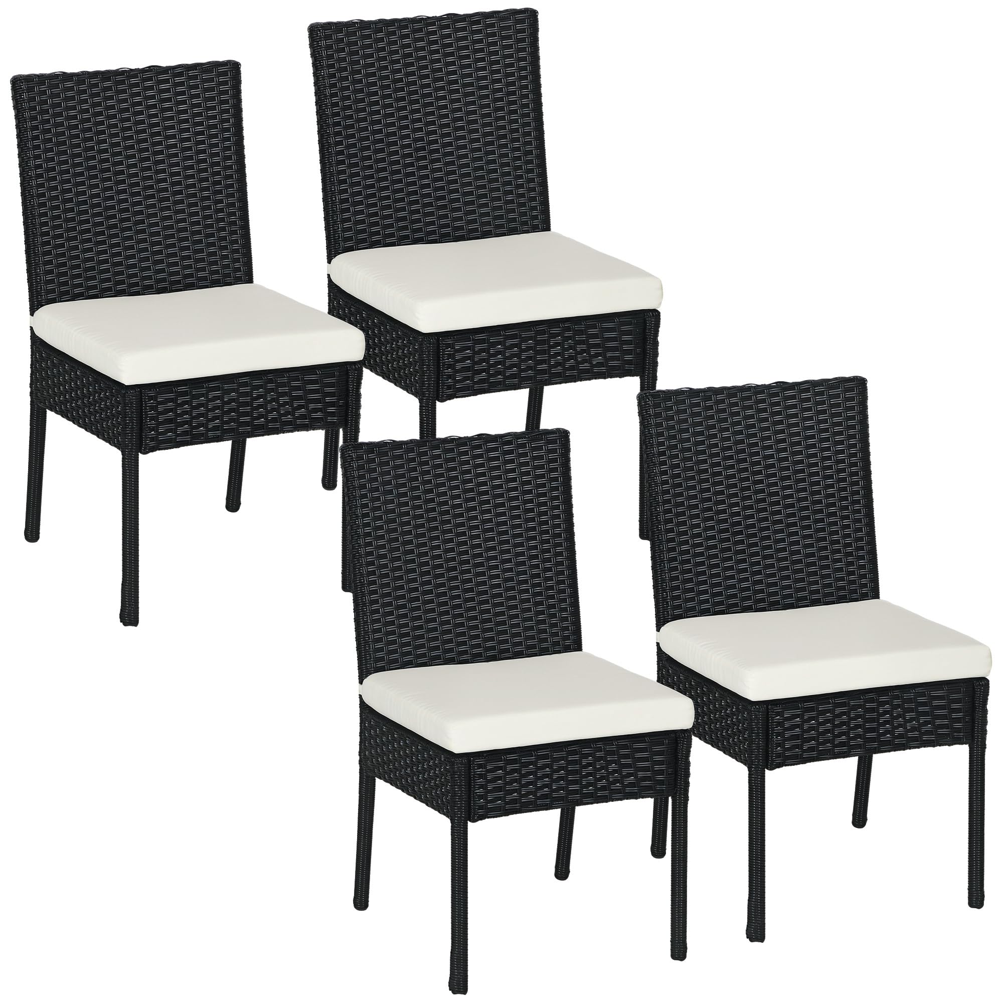 Outsunny 4 PE Rattan Outdoor Dining Chairs with Cushions, Patio Wicker Dining Chairs with Backrests for Porch, Deck, Garden, Black