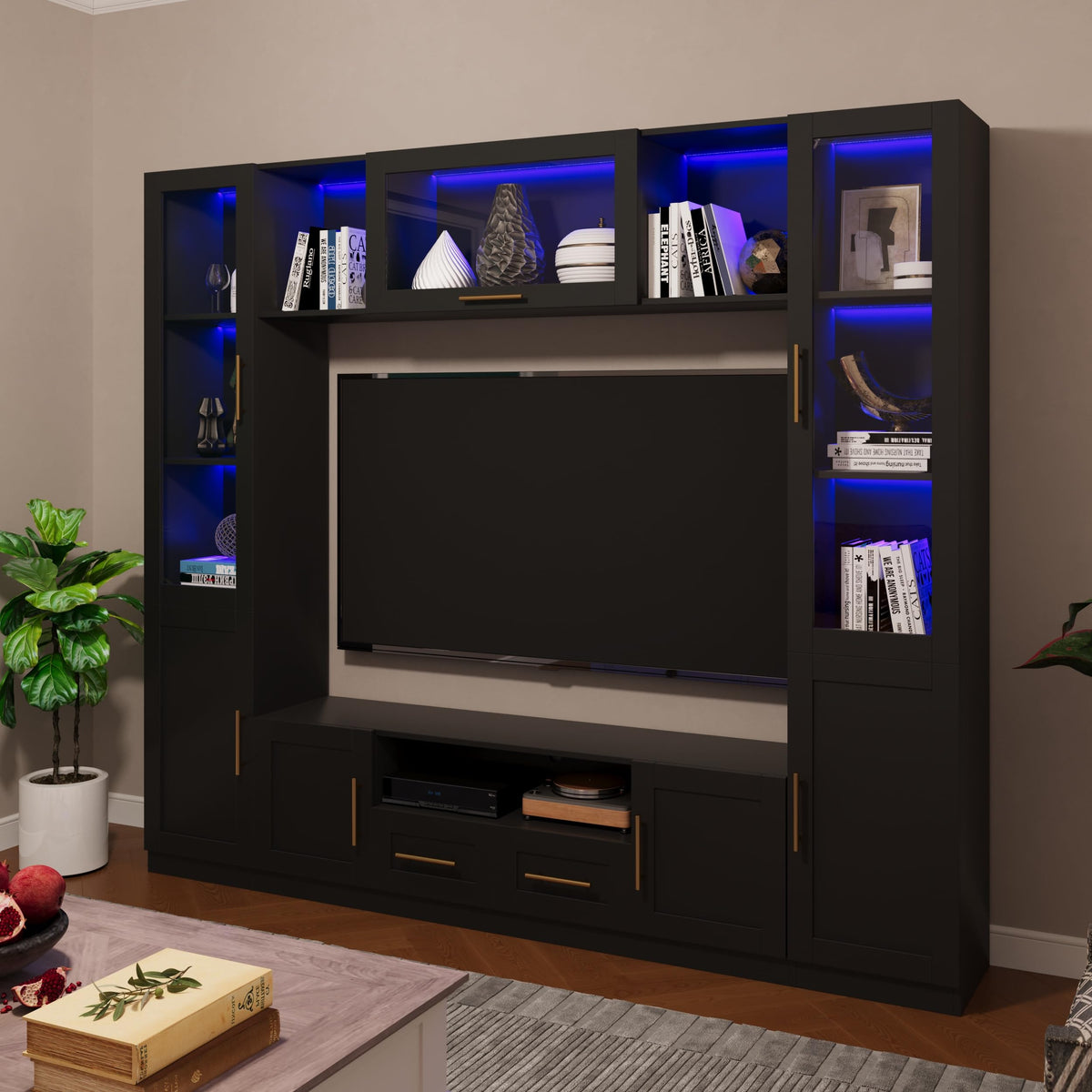 Jiaoun 4-Piece Entertainment Center Wall Unit, Multifunctional TV Stand with Tempered Glass Door/LED Lights, Up-Flip Door & Shelves, Large Console Storage Cabinet Set for TVs Up to 70", Black