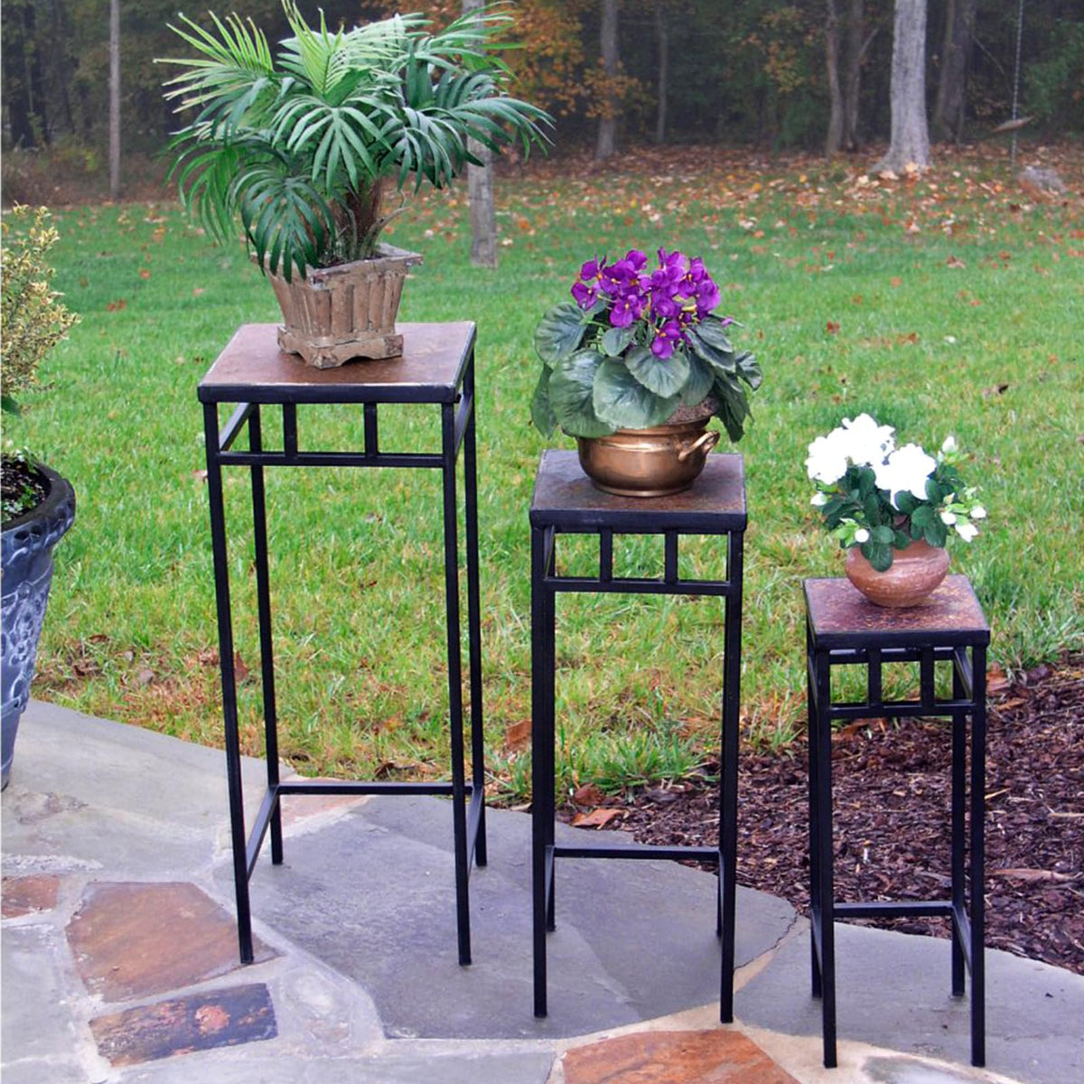 Zhongma Set of 3 Metal Plant Stand with Slate Top Fully Assembled Square Flower Shelf without Installation Required