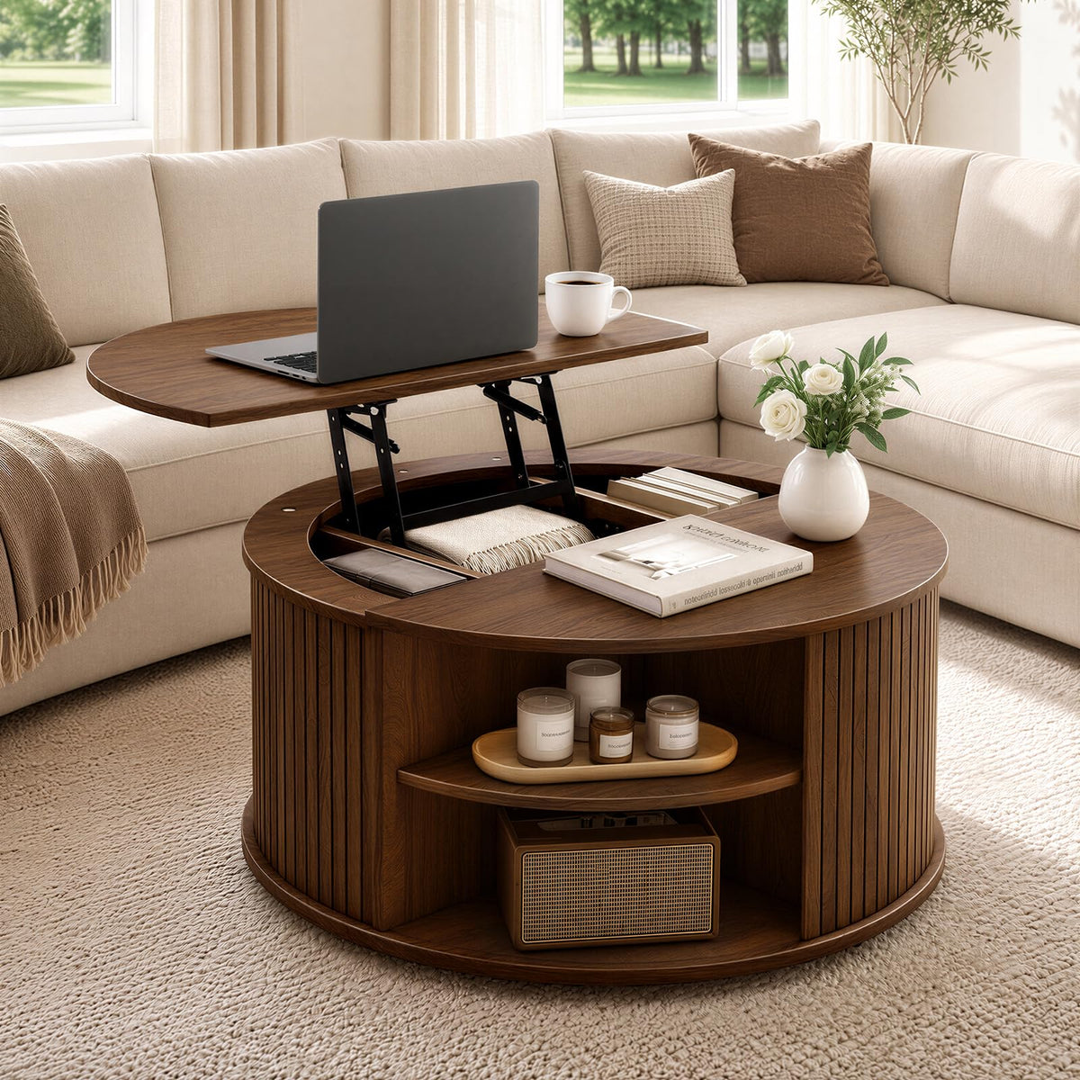 Walnut Round Lift-Top Coffee Table