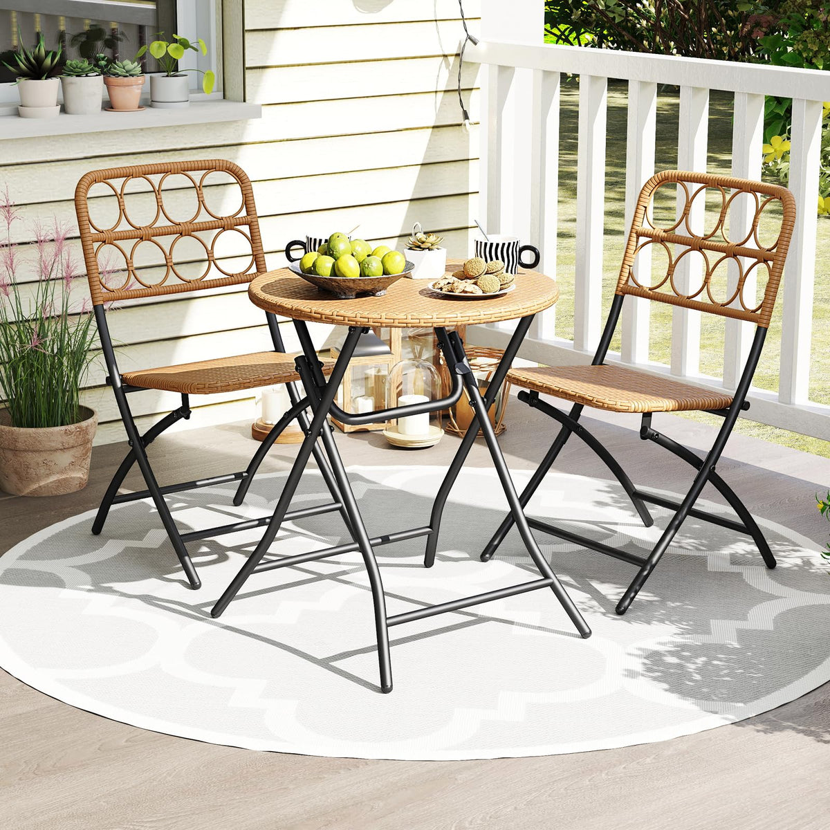 Tangkula 3 Piece Outdoor Folding Bistro Set, PE Rattan Portable Patio Round Dining Table and 2 Chairs with Sturdy Metal Frame for Porch, Garden, Backyard, Balcony