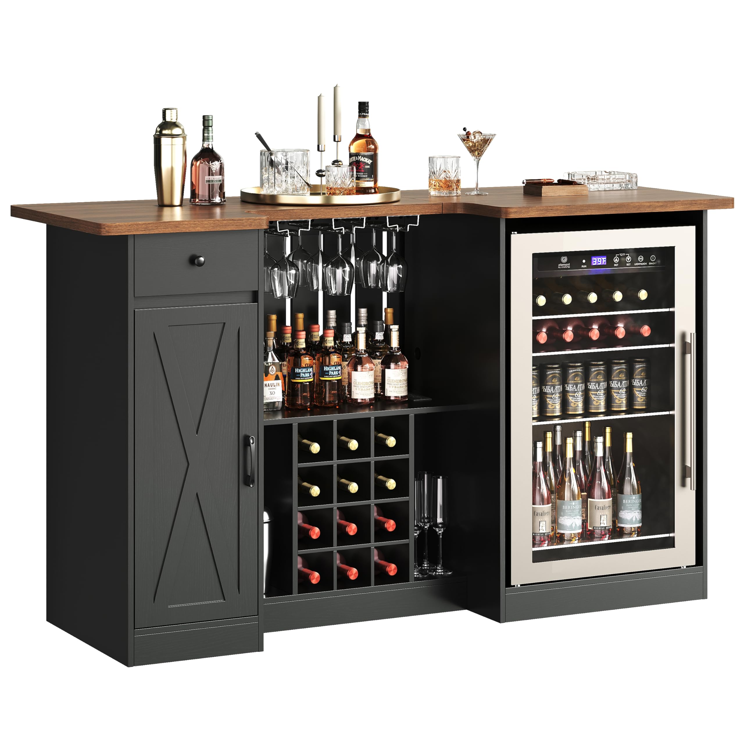 Terroute 72" U-Shape Liquor Cabinet with Fridge Space, Bar Table with Wine Rack Glass Holder, Wine Bar Cabinet with Storage, Home Bar Cabinet for Man Cave Home Pub Basement Living Room, Black LRBT001B