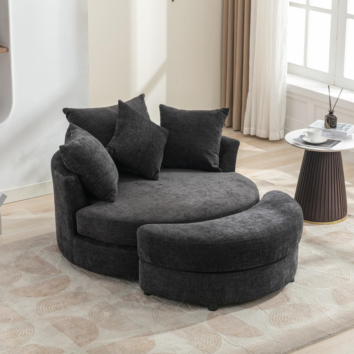 Chenille Swivel Chair with Storage Ottoman