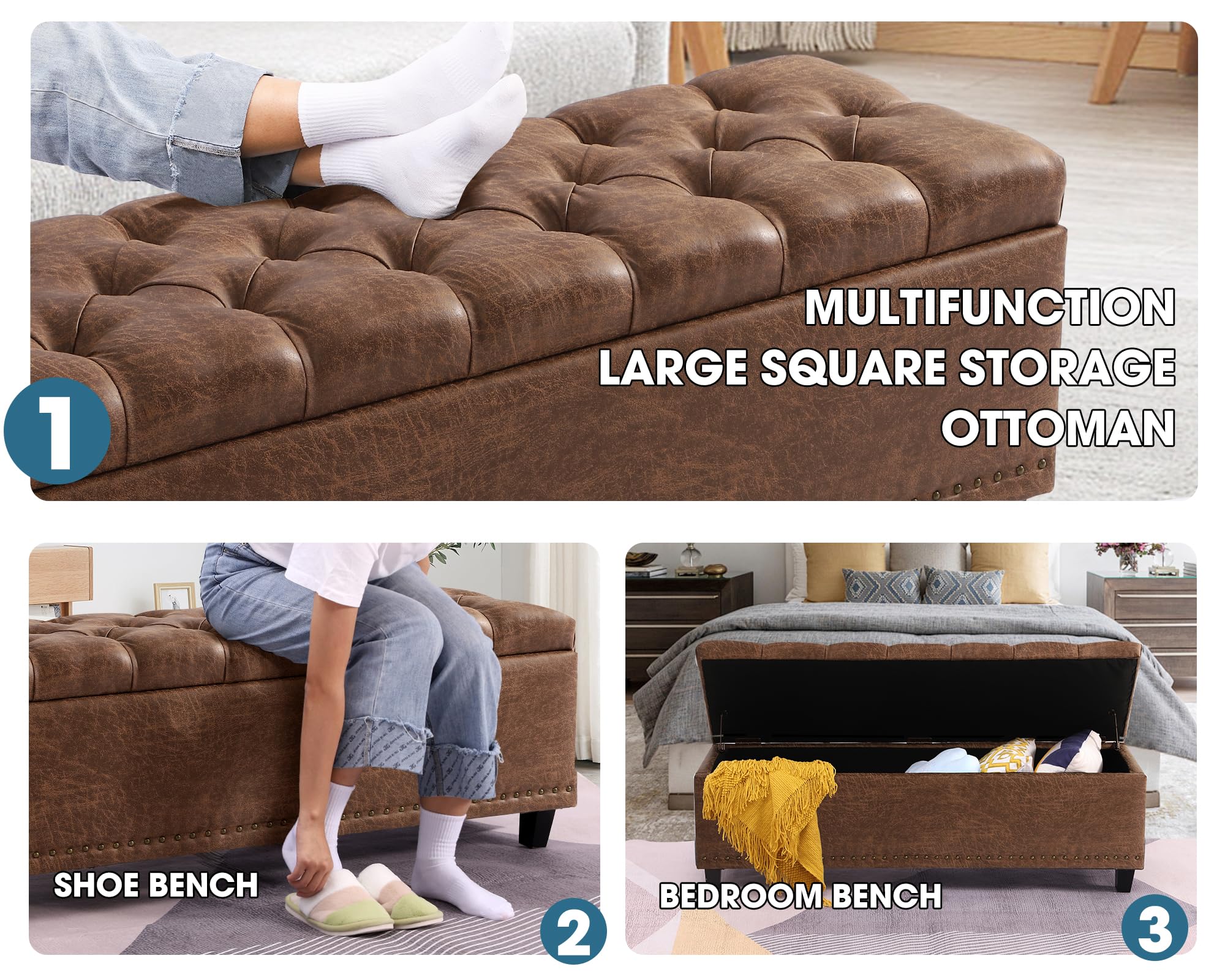 Grepatio 51" Ottoman Storage Benches, 30 Gallons End of Bed Storage Bench, Large Rectangular Ottoman, Button-Tufted Ottomans with Storage for Living Room Bedroom, Foot of Bed (Brown)