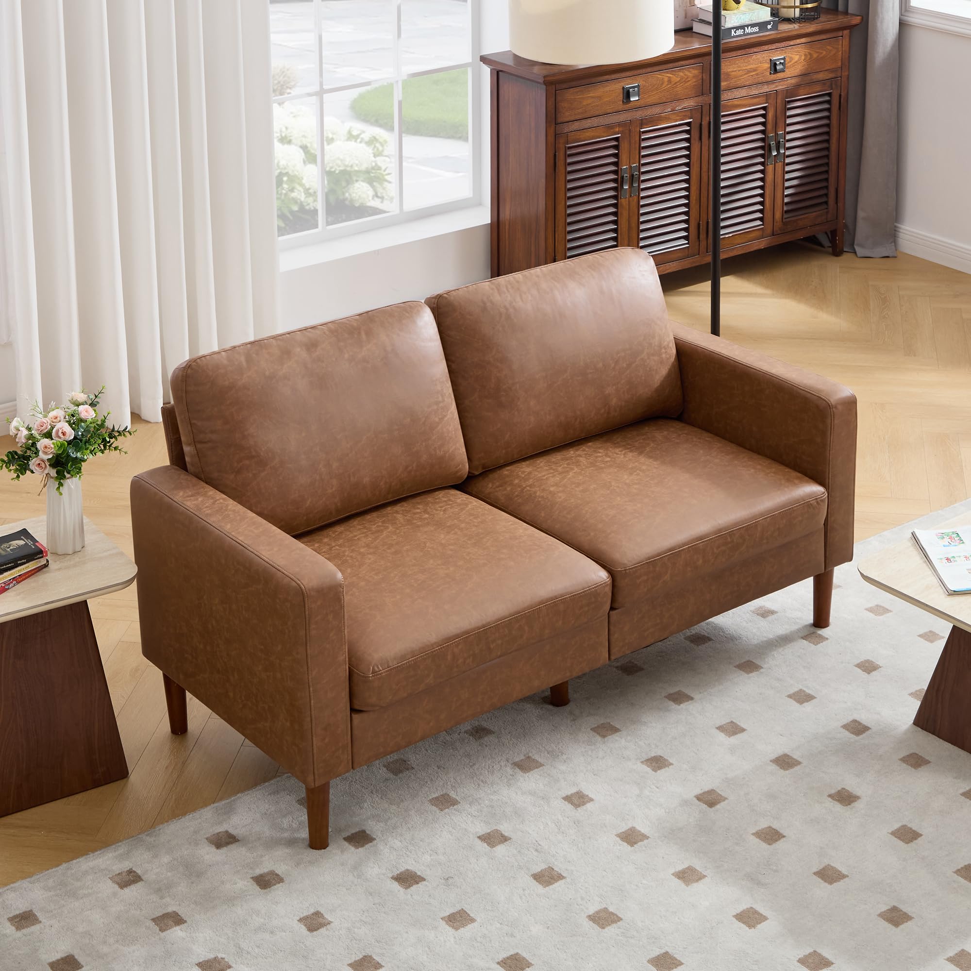 Kingfun 65" Loveseat Sofa, Faux Leather Love Seat Couch, Mid Century Modern Couch with Solid Wooden Frame for Living Room & Bedroom in Small Spaces, Brown