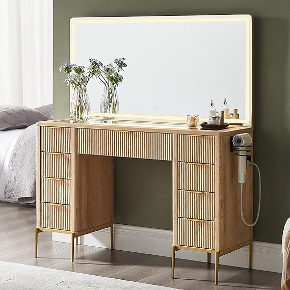 48" Fluted Makeup Vanity Desk with LED Mirror & 9 Drawers