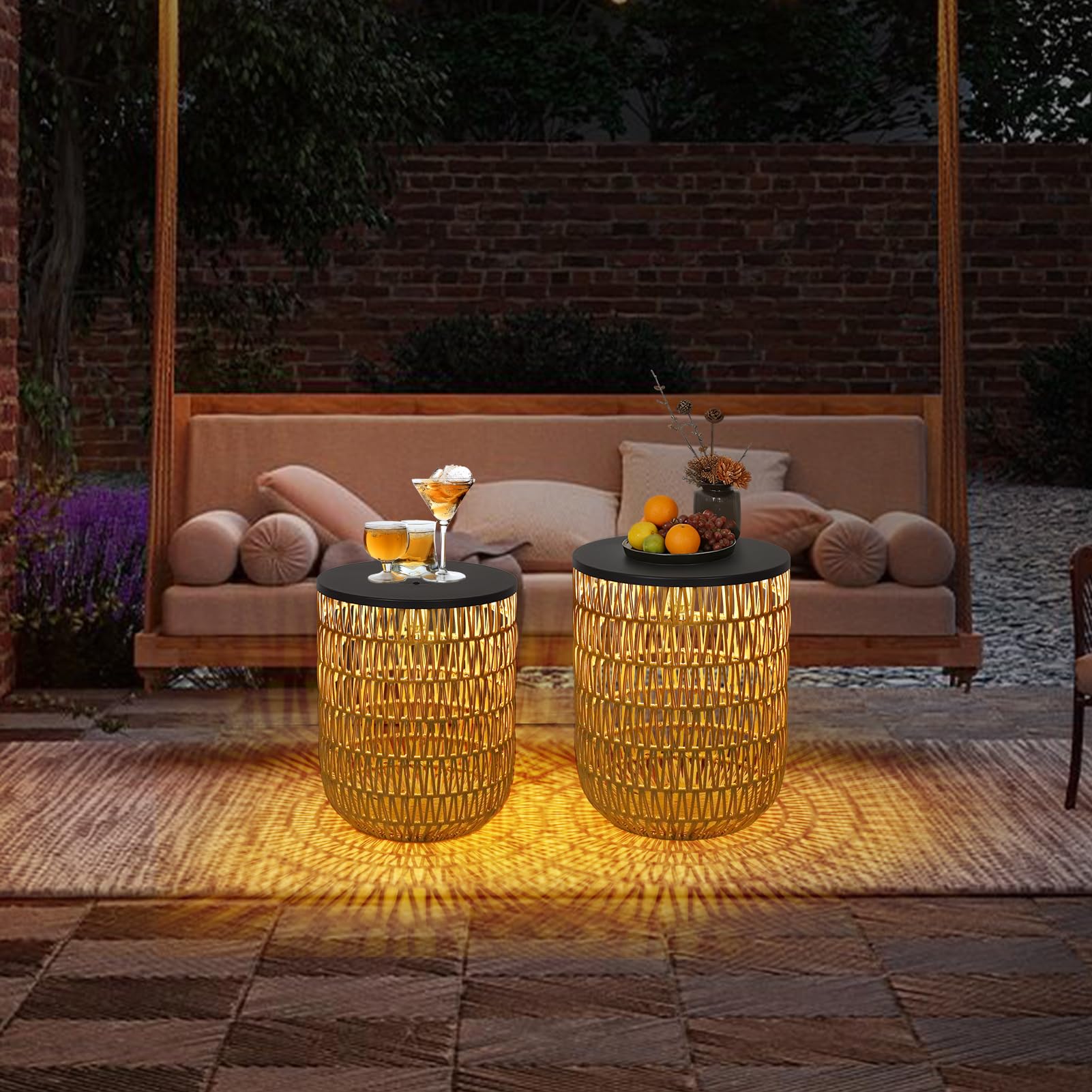 Solar Outdoor Side Table Set of 2 with Dimmable Light