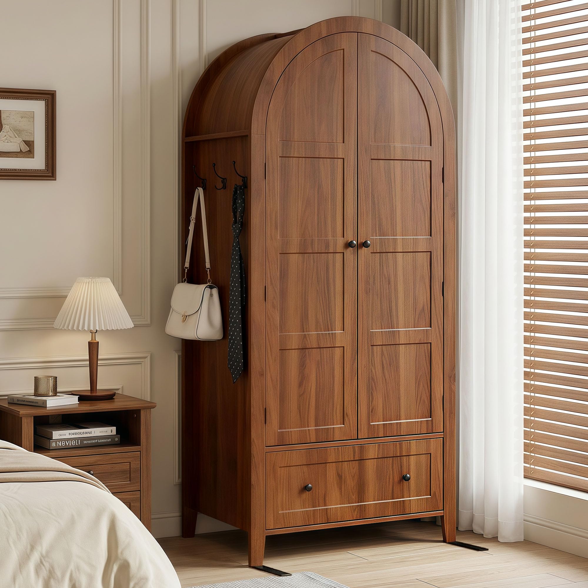 Freestanding Armoire Wardrobe with Arched Doors & Drawer