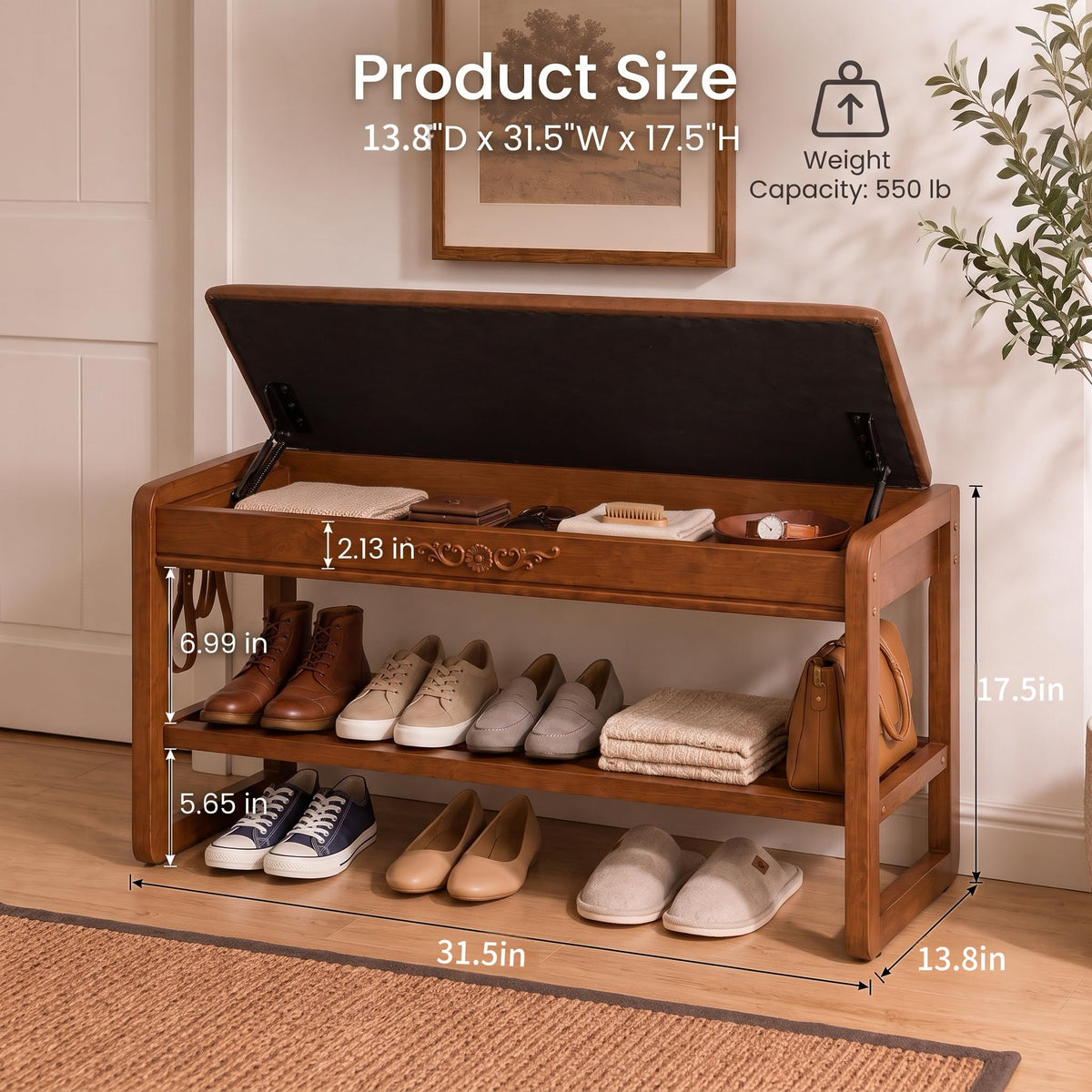 Solid Wood Shoe Rack Bench with Flip-Top Storage Padded Leather Seat 31.5''
