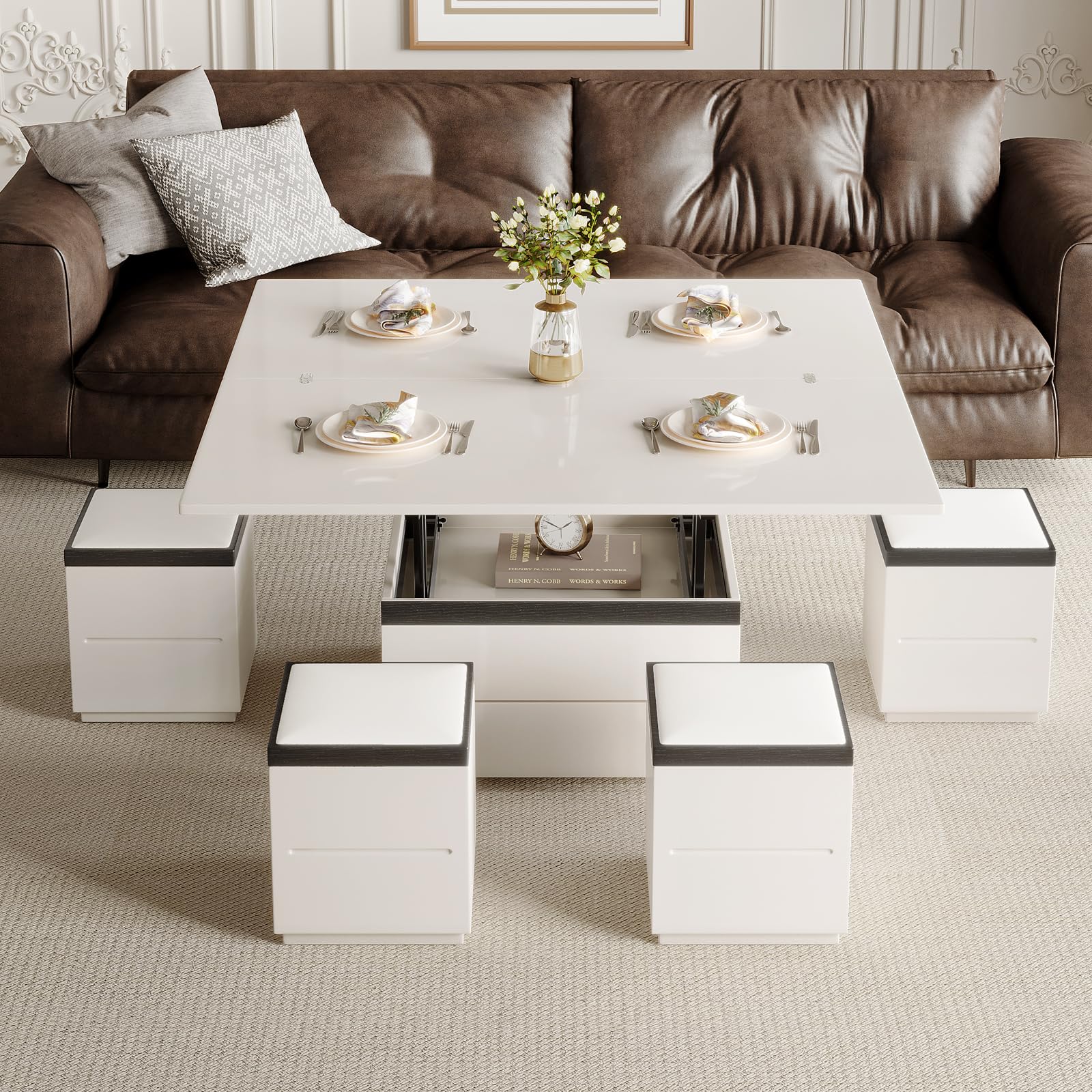 Guyii 47" Lift Up Coffee Table with Storage Stools White Cofee Tables 3 in 1 Living Room Table with Wheels for Living Room Apartment Saving Space