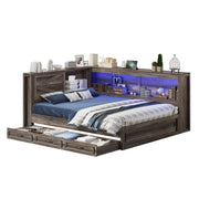Farmhouse Storage Bed Frame with Bookcase Headboard, Drawers & Charging Station