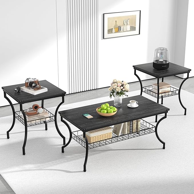 3-Piece Coffee & End Table Set with Storage Shelves