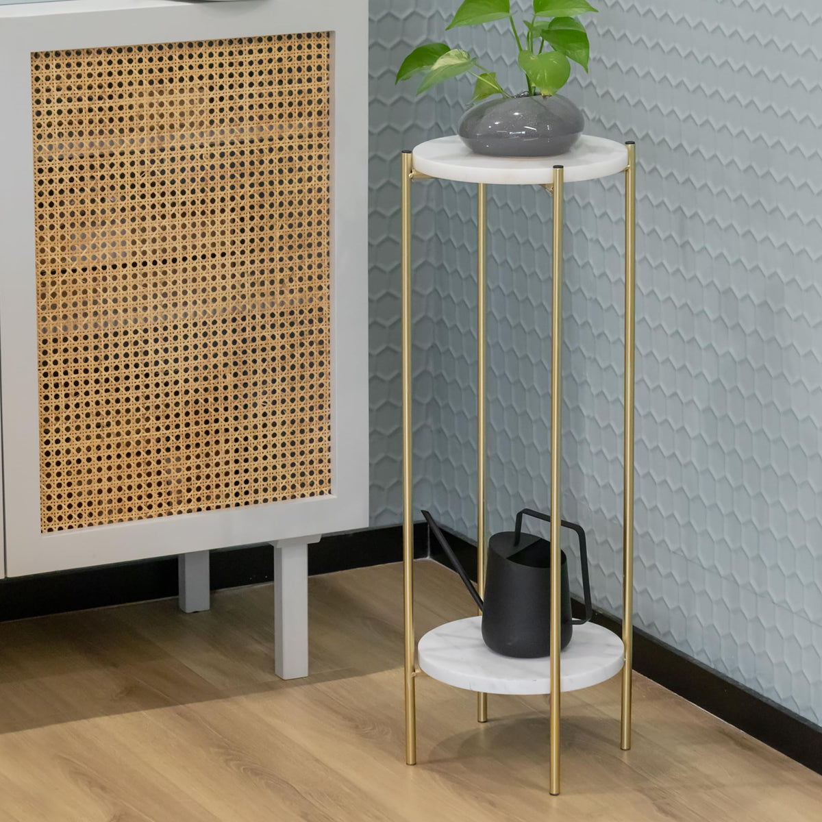 ALPOME Gold Plant Stand Indoor Tall - 2 Tier White Marble Top Side Table, 29.5 Inch Modern Round Metal End Table for Living Room Corner, Small Bedside Tables for Entryway & Bedroom (11x11, Gold)