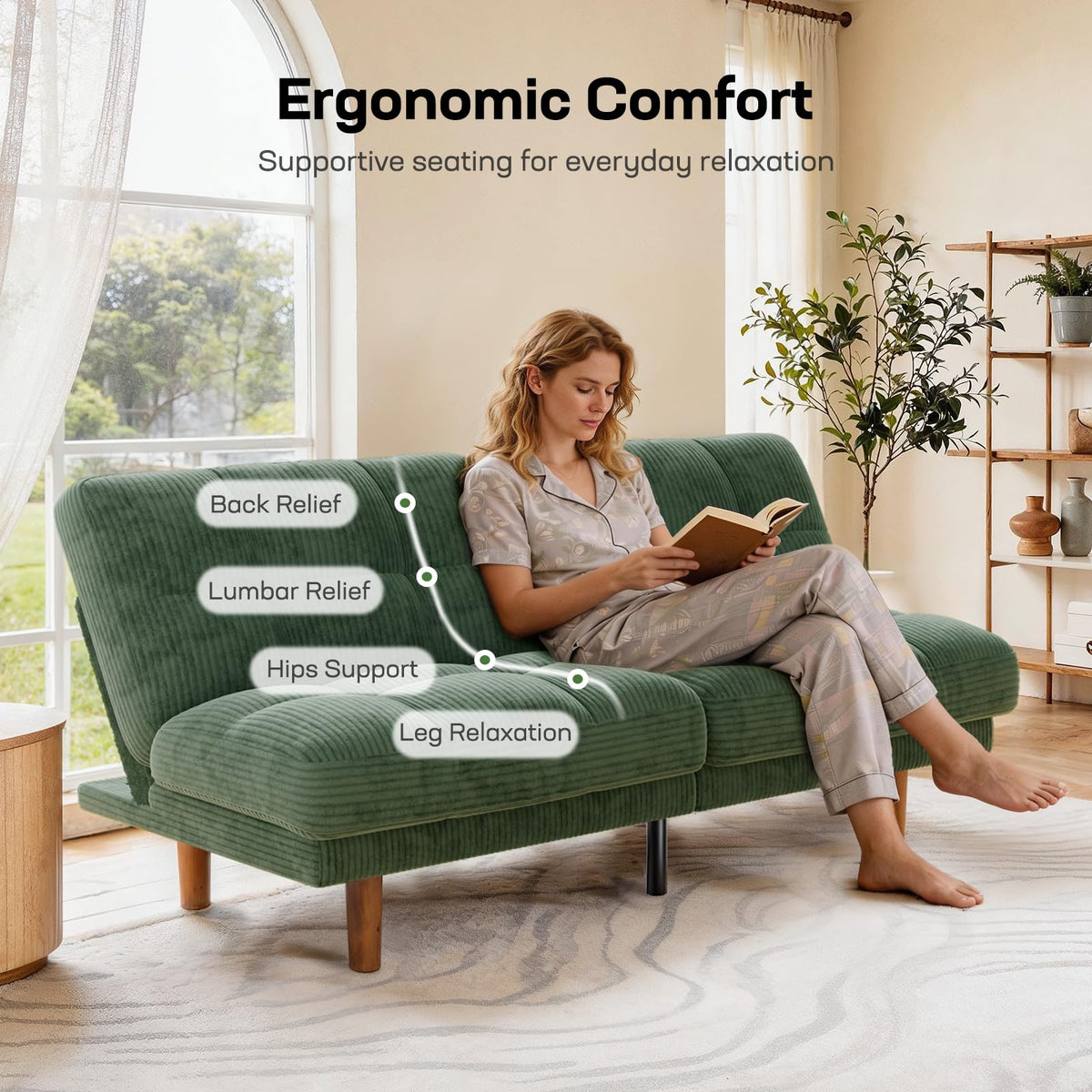 Marsail 70" Futon Sofa Bed, Convertible Small Recliner Sleeper Sofa Bed with Adjustable Backrest, Corduroy Loveseat Futon Couch for Small Apartments, Living Room Office, Guest Room (Green)