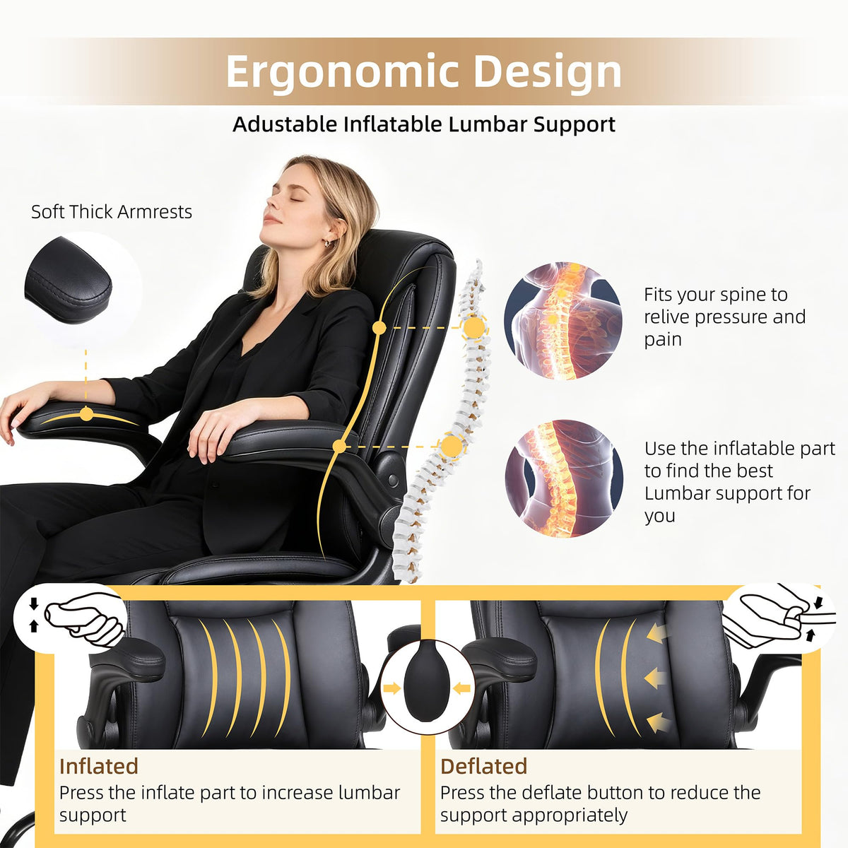 Ermnois PU Leather Drafting Chair, Adjustable Lumbar Support, Black,1