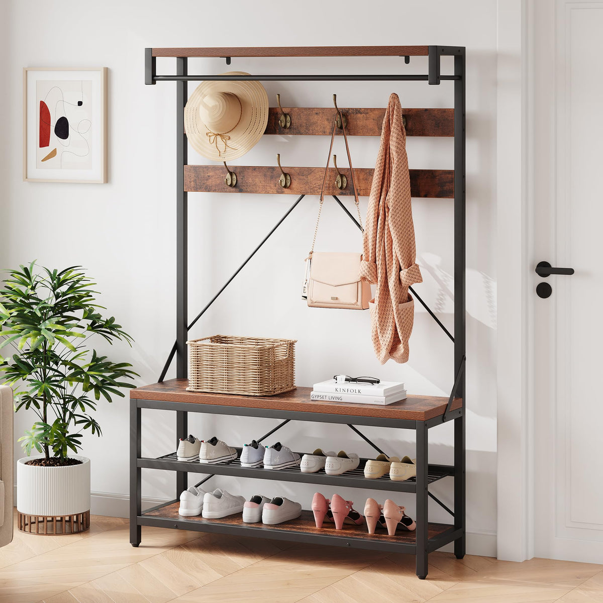 Hall Tree with Shoe Storage Bench, 100cm Entryway Coat Rack, Metal Frame Hallway Bench with Clothes Organizer, Multifunctional Shoe Rack Bench for Hallway, Sturdy Particleboard Seating for Entryway