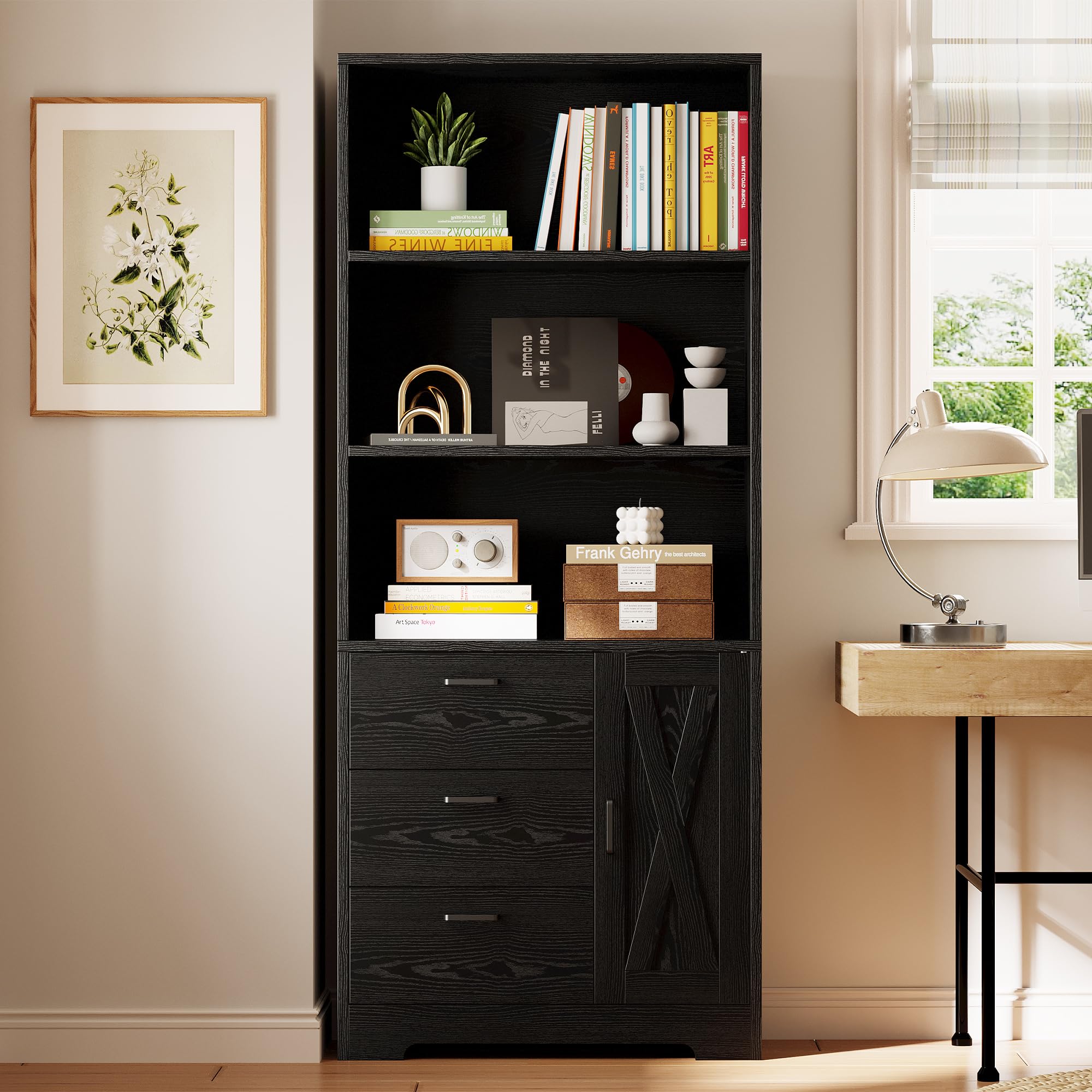 71" Bookshelf with Drawers, Doors & 3-Tier Shelves