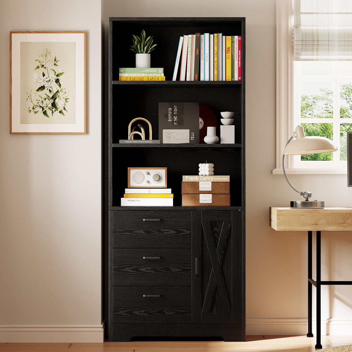 IRONCK Book Shelf 71in, Bookshelf with Doors and Drawers, Black