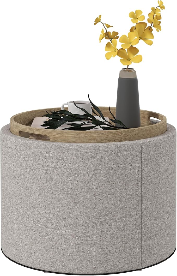 Round Storage Ottoman with Flip-Top Tray