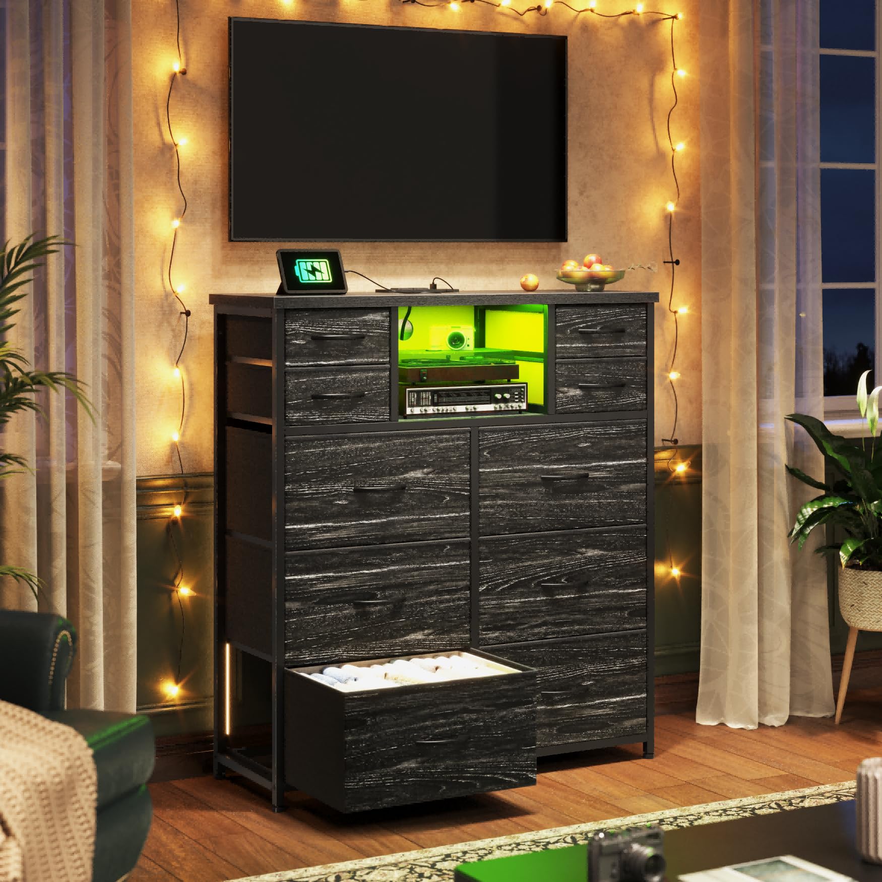 Romorgniz Dresser for Bedroom with 10 Drawers Featuring LED Light and Power Outlet, Fabric Dressers & Chest of Drawers with Open Shelves for Hallway, Living Room, Metal Frame,Wood Top,Grain Black
