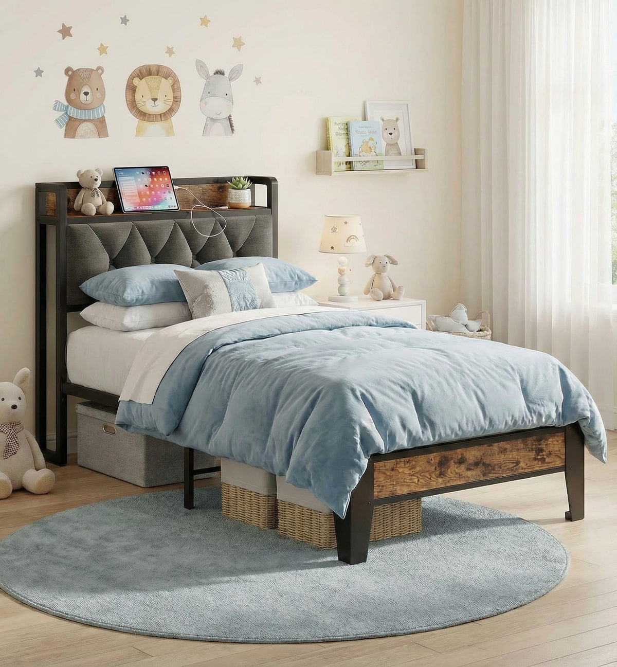 ANCTOR Twin Bed Frame, Storage Headboard with Charging Station