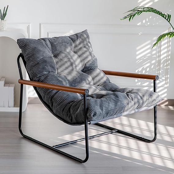Corded Fabric Accent Chair with Metal Frame & Wooden Armrests
