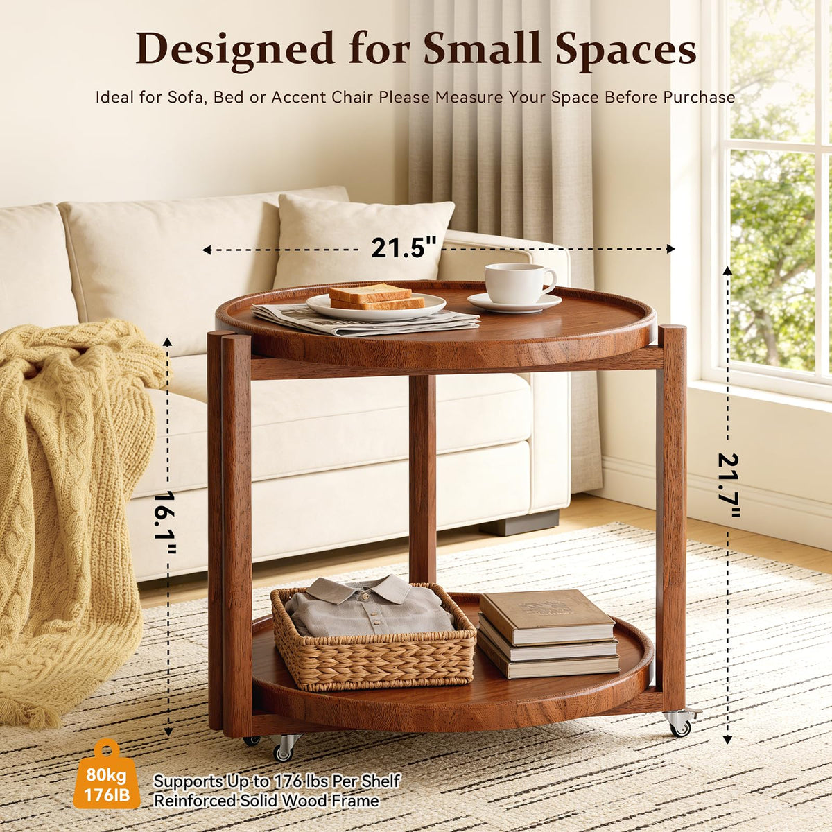 Round Wood Rolling Side Table
