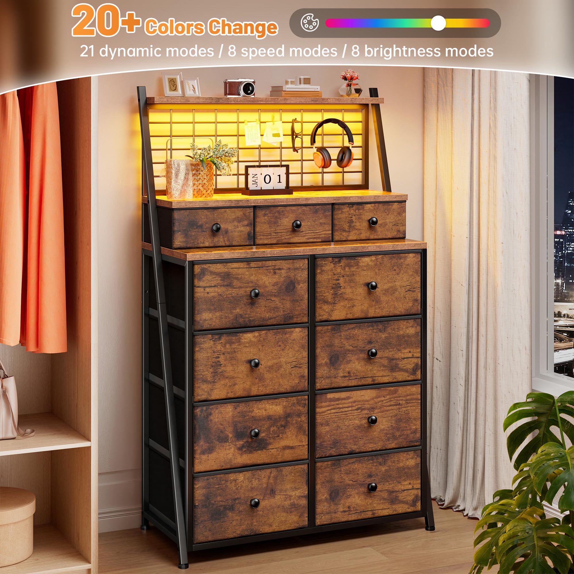 EnHomee 51" H Dressers & Chest of Drawers with 11 Drawers & LED Light, Bedroom Dresser with Wire Grid Panels & Open Shelves for Entryway, Dorm, Rustic Brown, 11.8" D x 33.9" W x 51.2" H