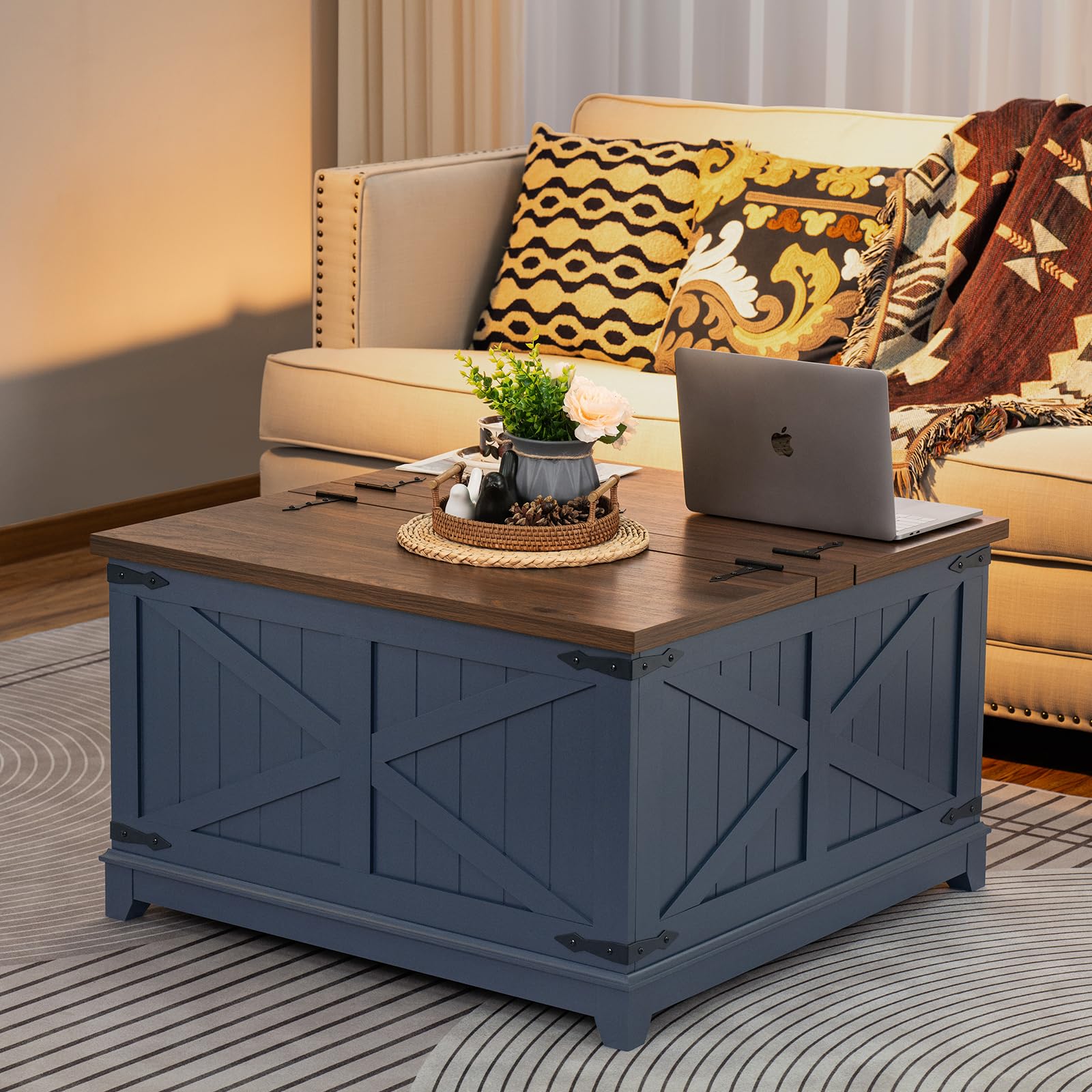 Farmhouse Coffee Table Set with Nightstands & Hidden Storage