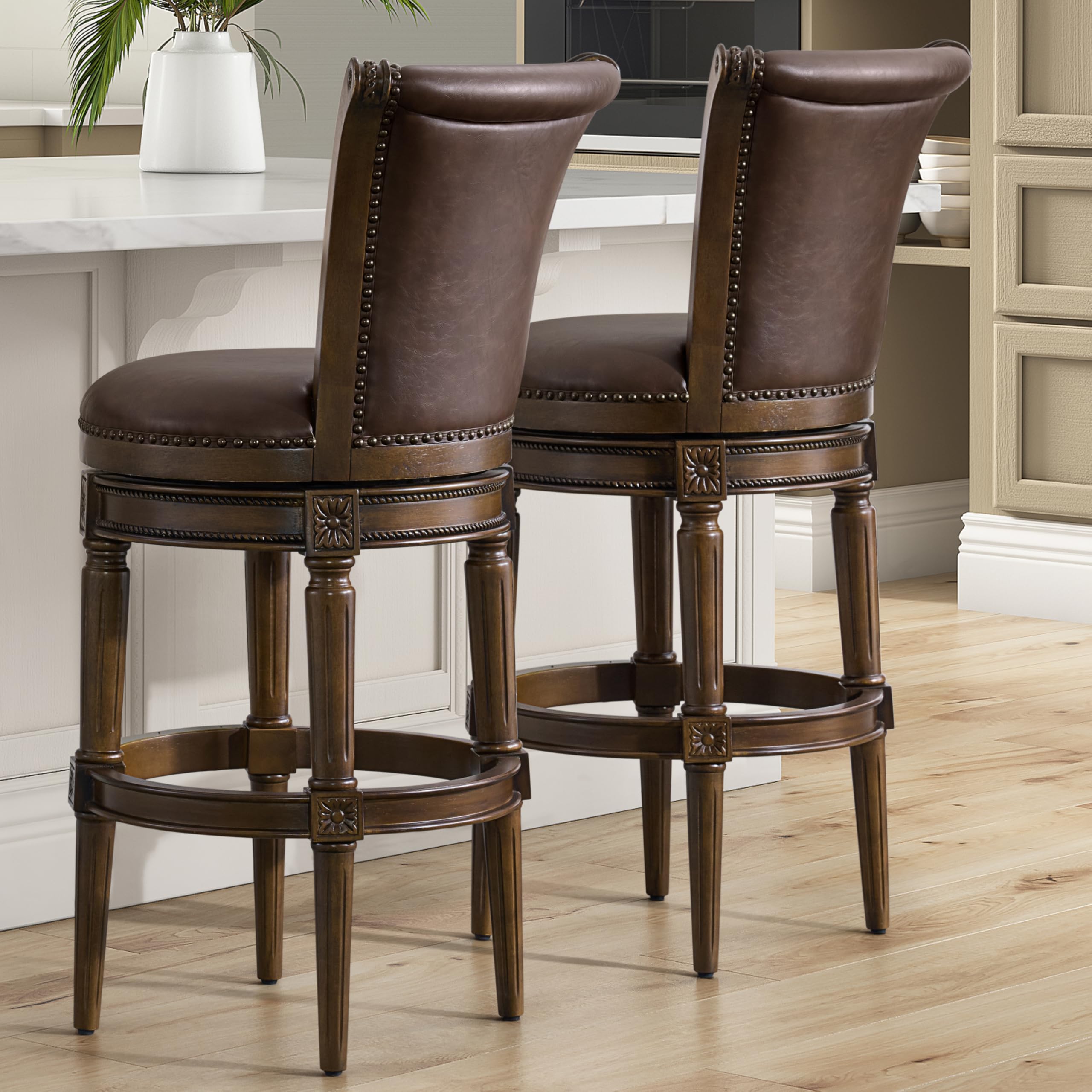 ROME + OAK Set of 4 Runyan 31" Swivel Bar Stool, High Back Barstool in Dark Walnut Finish with Vintage Brown Vegan Leather Seat