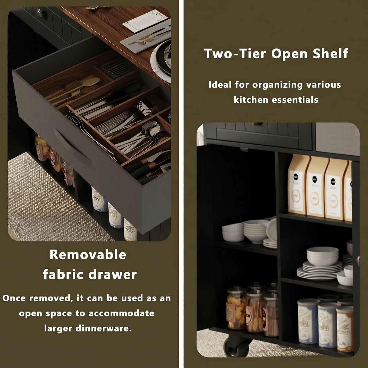 Ncoutaire Rolling Kitchen Island with Storage, Black