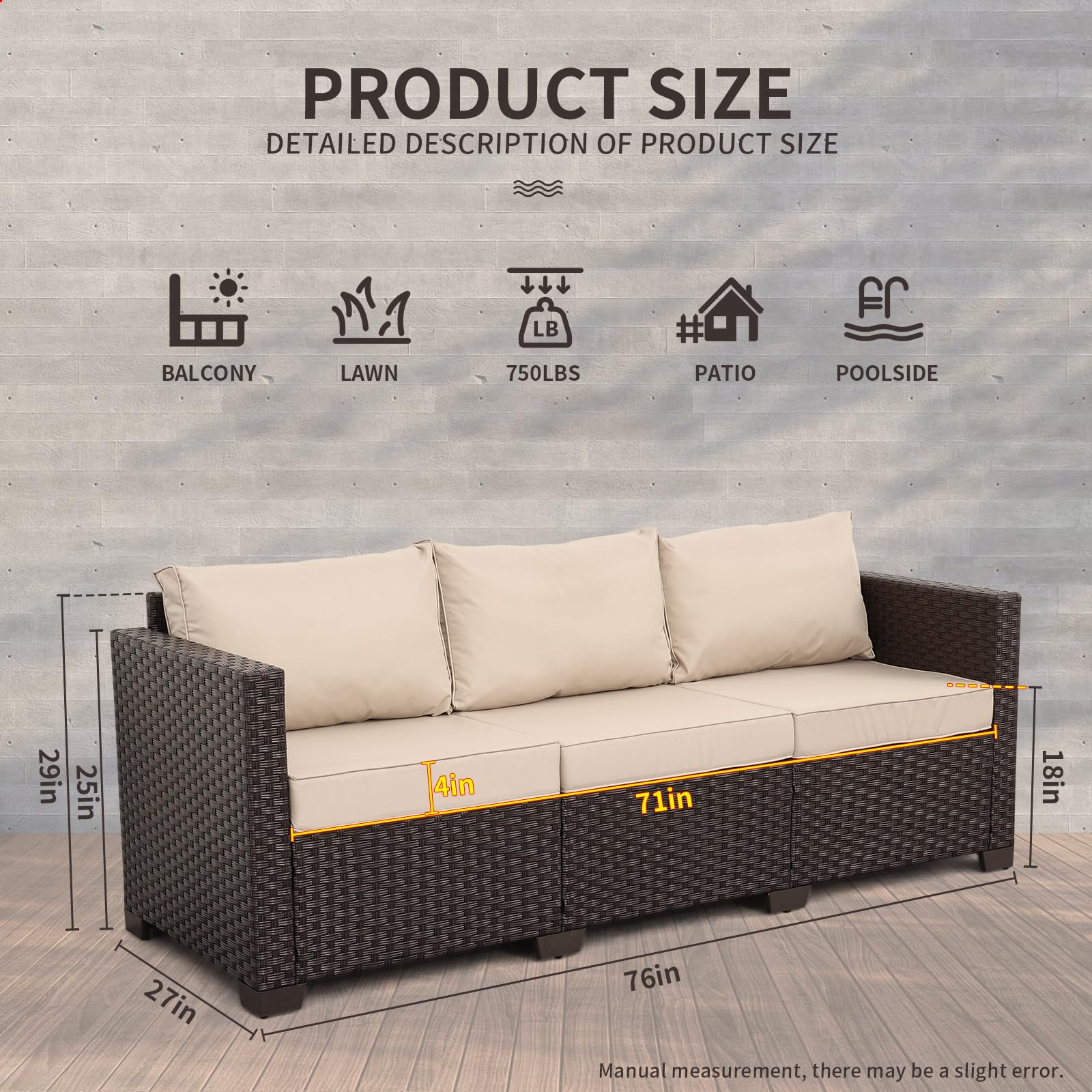 3-Seat Outdoor Wicker Sofa with Cushions