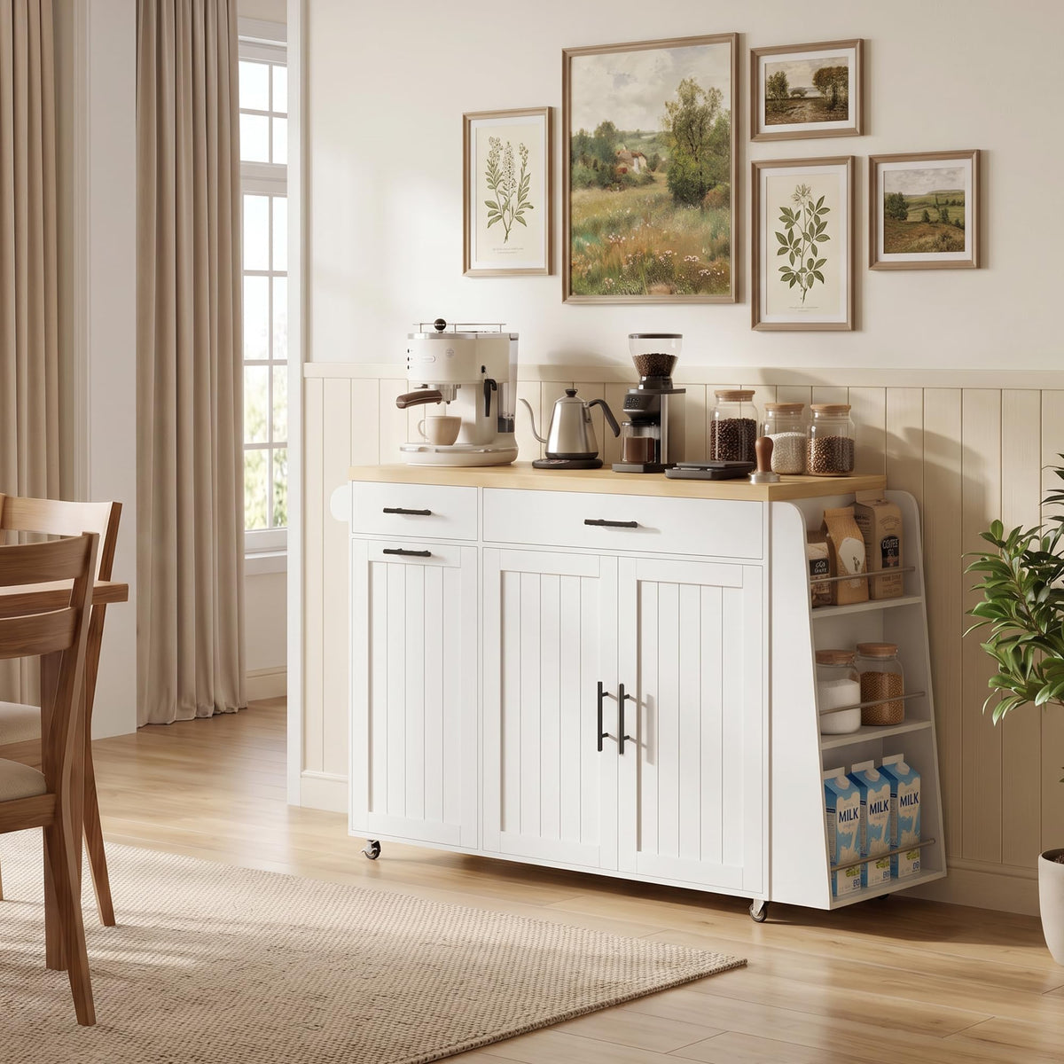 DreamDashio 65" Kitchen Island with Drop Leaf, Rolling Island with Spice Rack & Towel Rack, Mobile Kitchen Island Cart with 2 Draws & Trash Storage Cabinet, Portable Island Table on Wheels for Kitchen