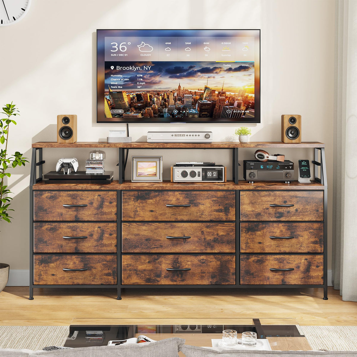 9-Drawer Fabric Dresser with Display Shelf