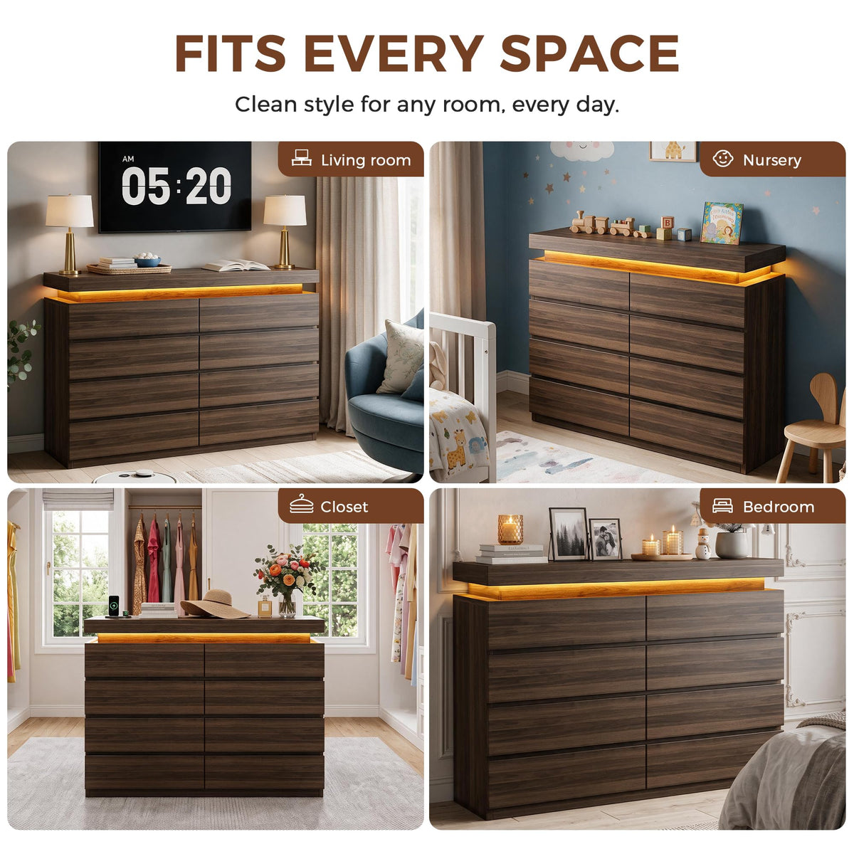 8 Drawer Dresser with LED Lights and Charging Station, Modern Brown Dresser