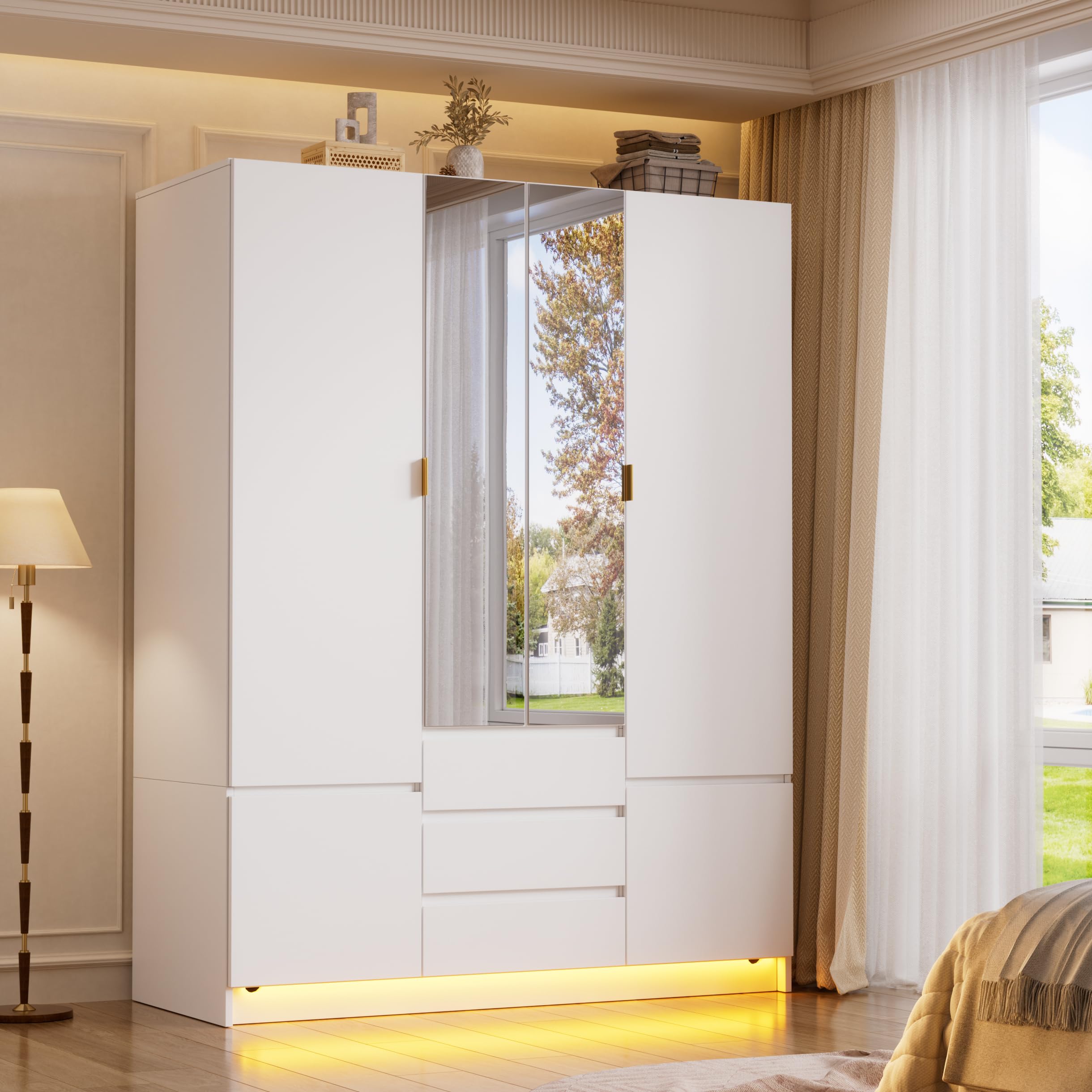 4-Door Wardrobe with LED Light & Mirror