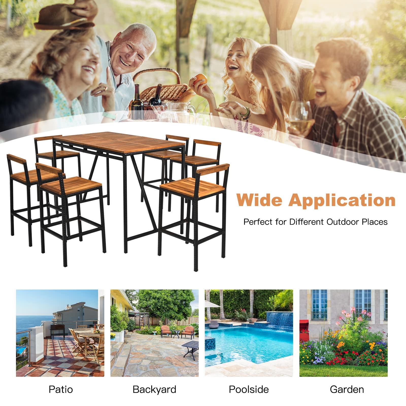 HAPPYGRILL 7 Piece Patio Bar Table Set with Umbrella Hole Acacia Wood High-Dining Bistro Set with 6 Bar Stools, PE Wicker Outdoor Bar Set for Backyard Patio and Poolside