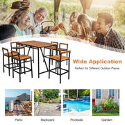 HAPPYGRILL 7 Piece Patio Bar Table Set with Umbrella Hole Acacia Wood High-Dining Bistro Set with 6 Bar Stools, PE Wicker Outdoor Bar Set for Backyard Patio and Poolside