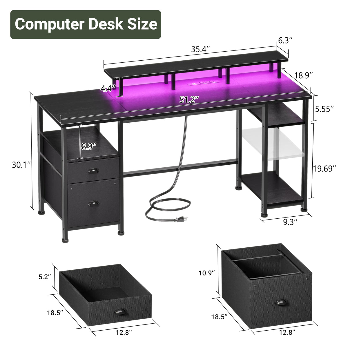 Furologee 51" Gaming Desk with Outlets & LED, Computer Office Desk, Black