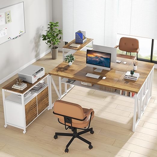 L-Shaped Executive Desk with File Cabinet & Drawers, 63"