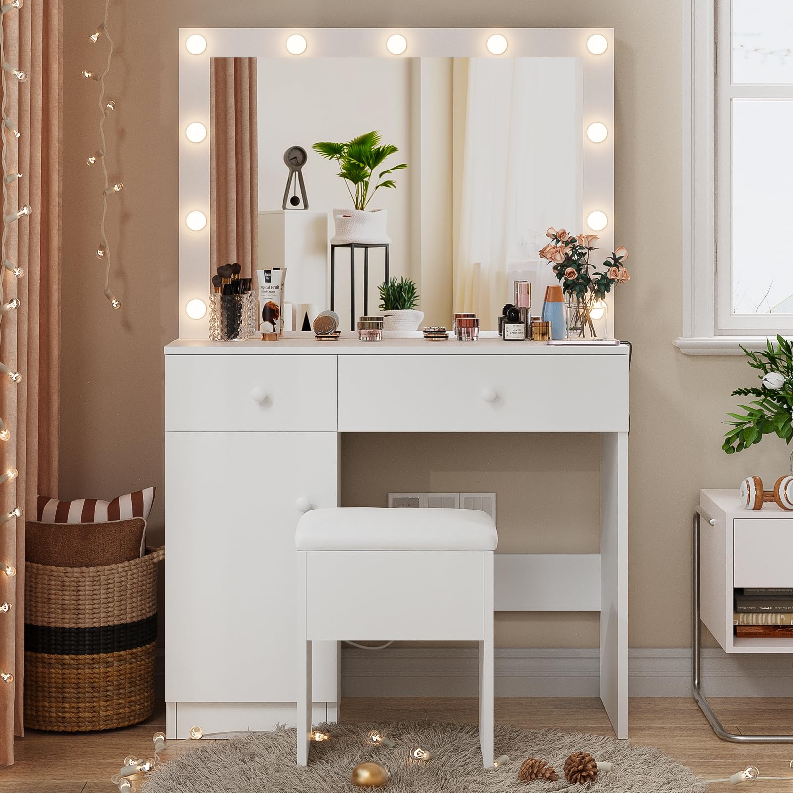 Haewon Vanity Desk with Mirror, 11 LED Lights and Power Outlet, Makeup Vanity Set with Storage Cabinet, Drawers and Chair, White Dressing Table with 3 Adjustable Light Modes for Bedroom