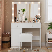 Haewon Vanity Desk with Mirror, 11 LED Lights and Power Outlet, Makeup Vanity Set with Storage Cabinet, Drawers and Chair, White Dressing Table with 3 Adjustable Light Modes for Bedroom